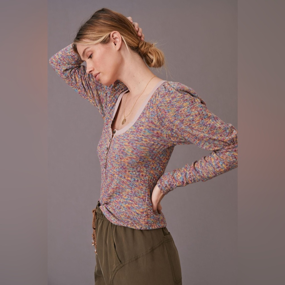 Anthropologie Puff Long Sleeve Knit Henley Top - Picture 3 of 4